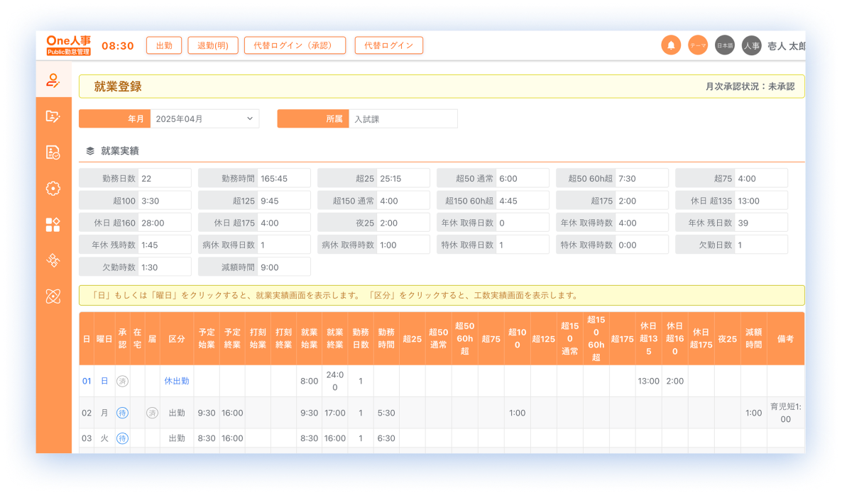 勤務データ集計 画面イメージ